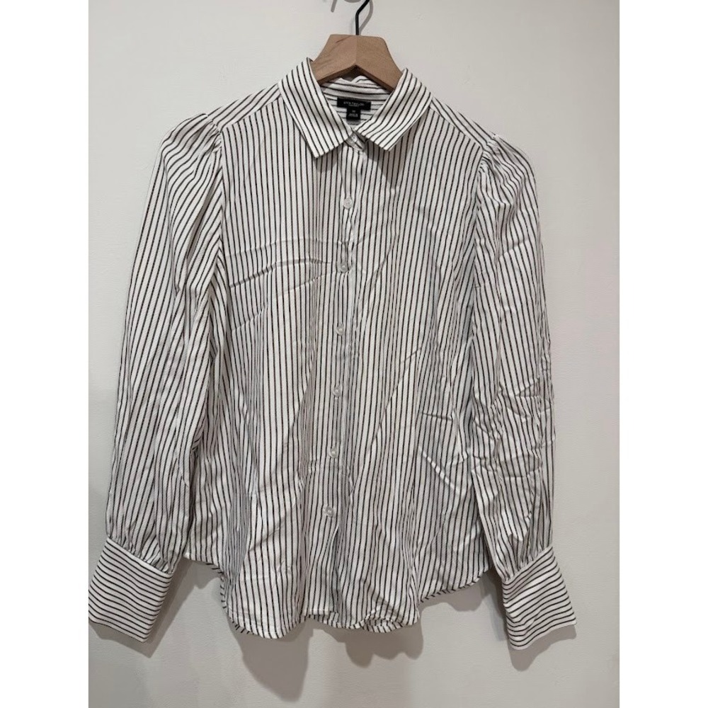 Ann Taylor Factory Striped Puff Sleeve Button Down Blouse Womens‎ XS Brown White